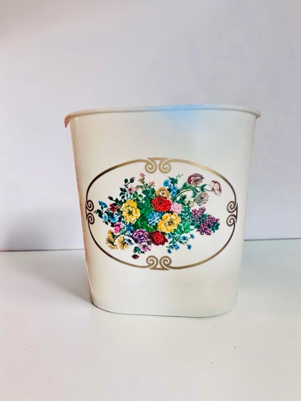 Vintage French Floral Trash Can Syla Plastic Cottage Decor Bin